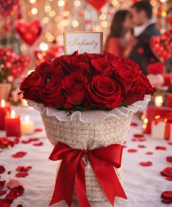 BUKET COCO CHANEL BELI SA CRVENIM RUŽAMA